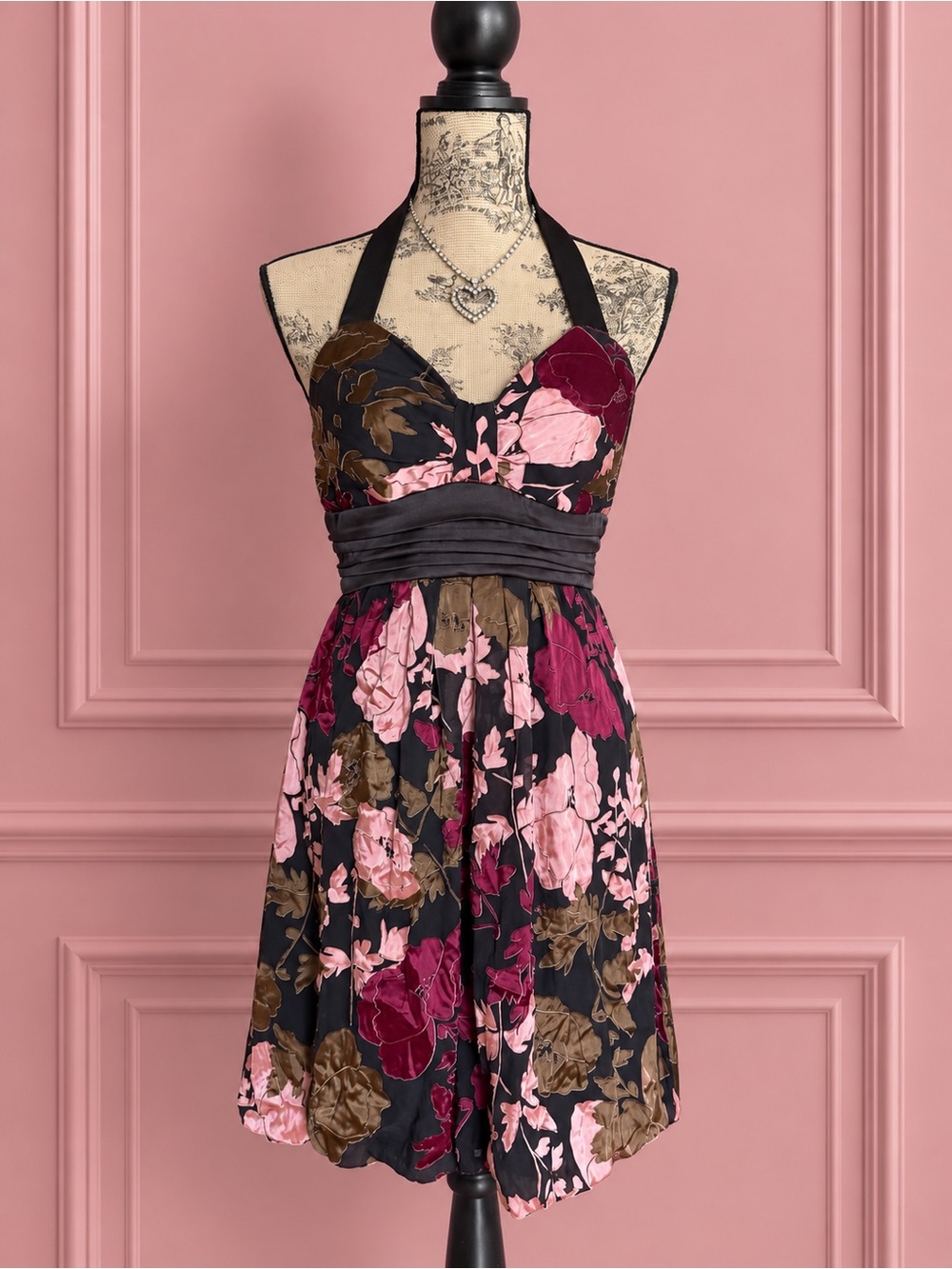 Y2K Le Château Floral Halter Dress in Black and Pink Size M